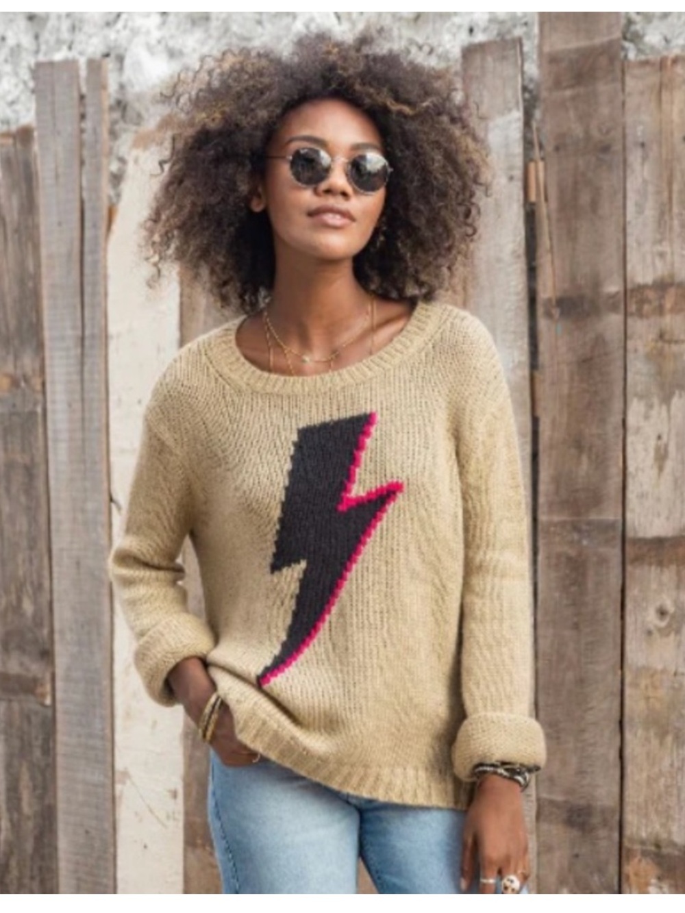Wooden Ships Bolt Lightening Lightweight Crewneck Oversized Sweater Tan S/M